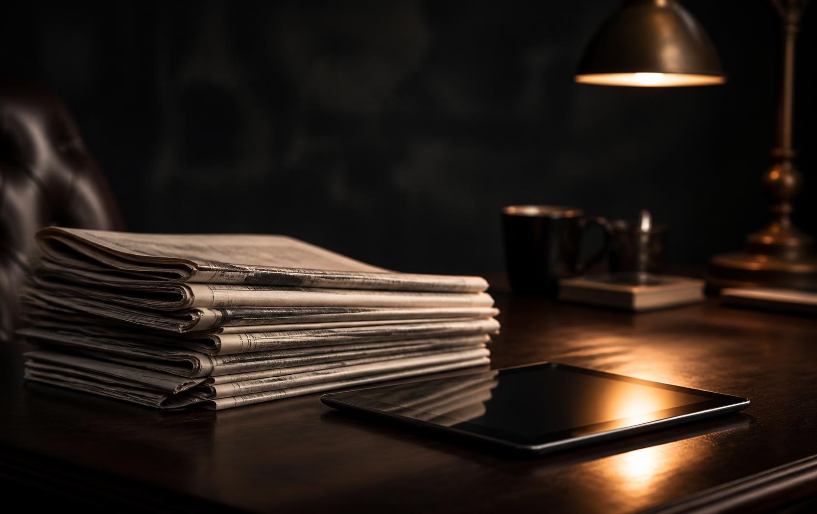 Newspapers and a tablet on a dark desk lit by a brass lamp